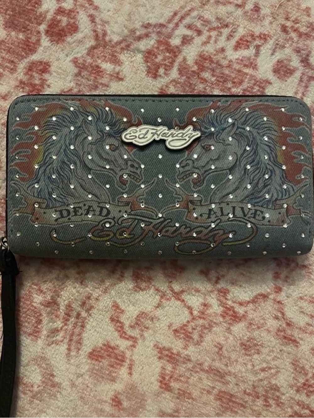 Ed Hardy Gray Zip Around Wallet with Lion Motif and Studs